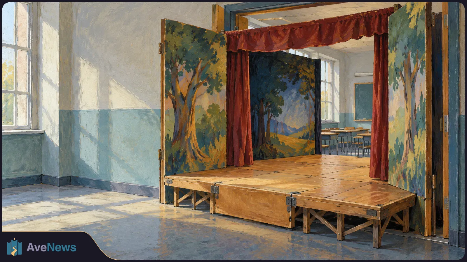 Illustration of a small wooden stage with red curtains and painted tree backdrops in a sunlit classroom; desks and chairs are visible behind it. SI illustration