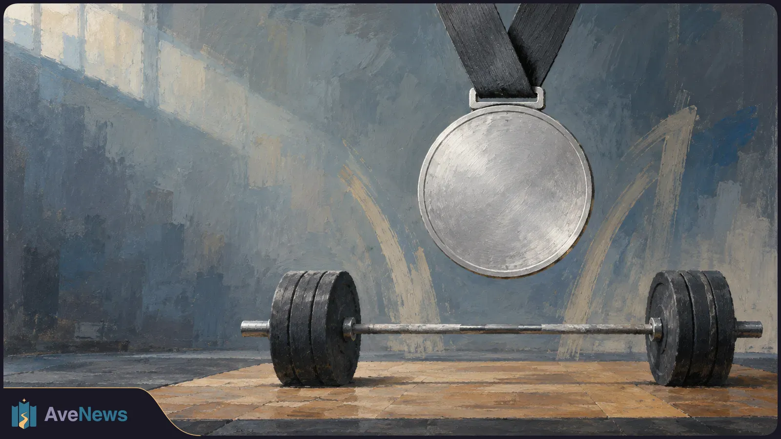 Painted illustration of a blank silver medal hanging above a loaded barbell on a weightlifting platform. SI illustration