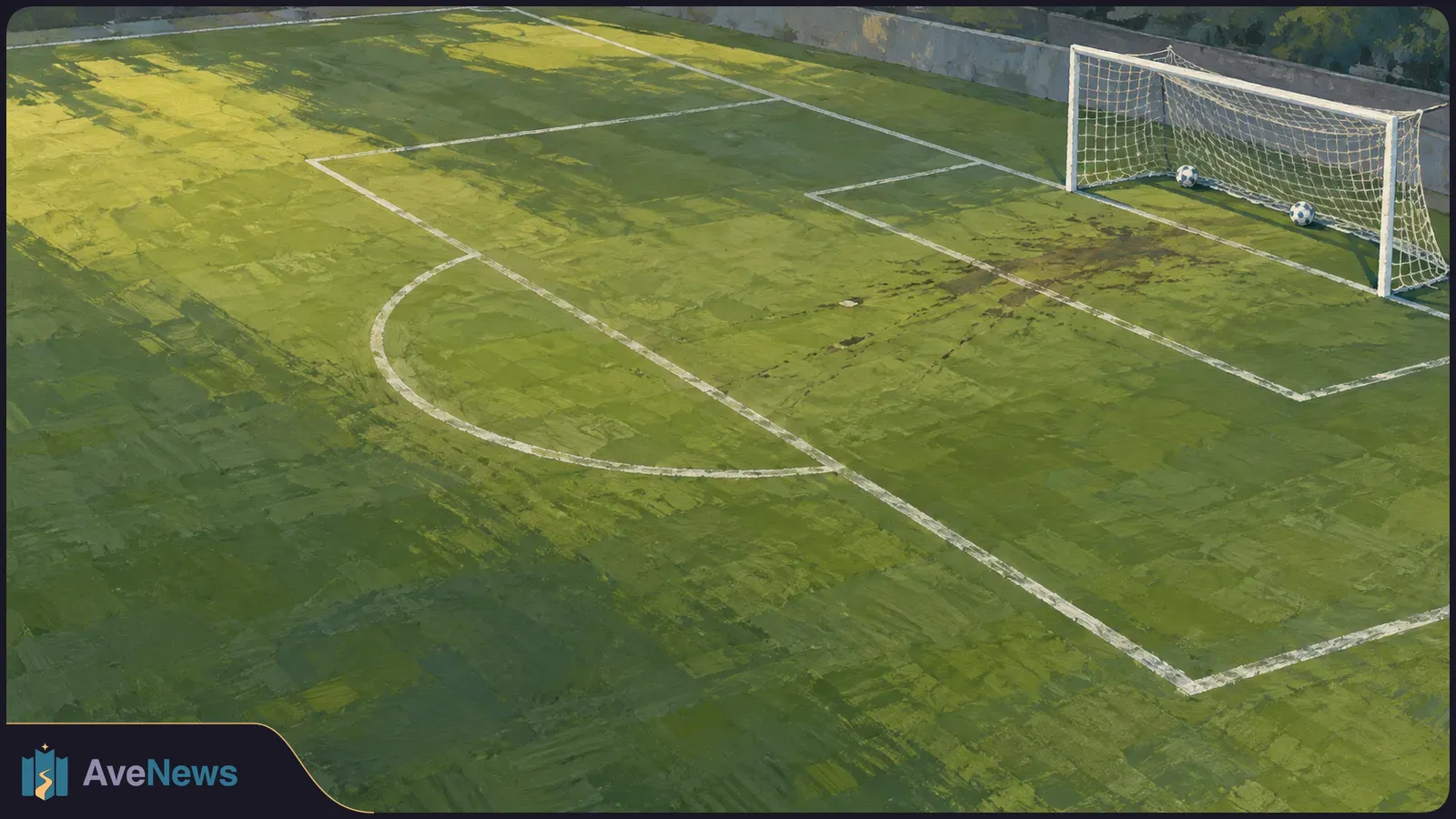 Painted aerial view of an empty football pitch, with white penalty-area lines, a goal and two balls resting inside the net. SI illustration
