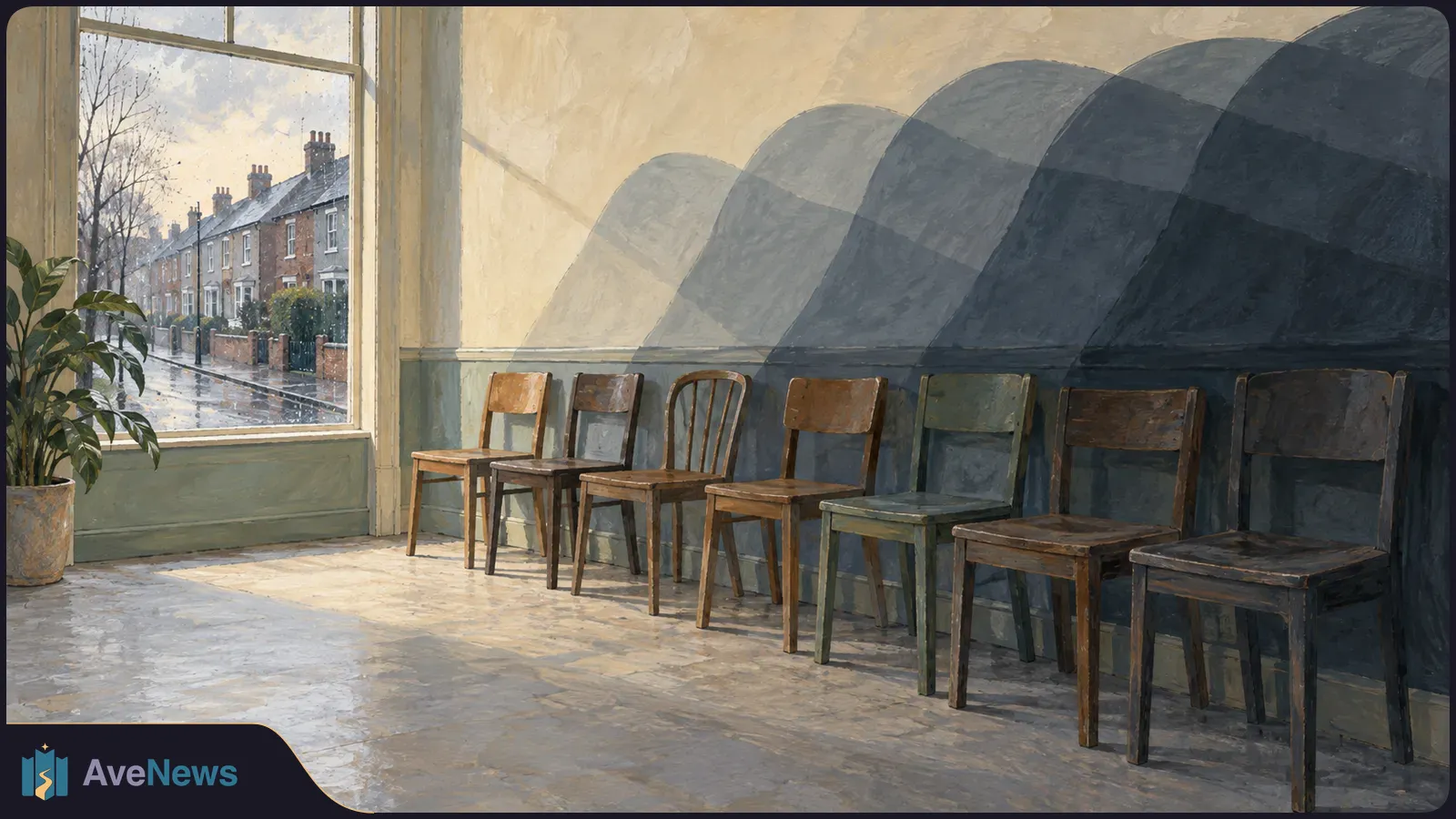 Painted empty room with wooden chairs beneath five overlapping dark waves on the wall. A rainy street of terraced houses is visible through the window. SI illustration