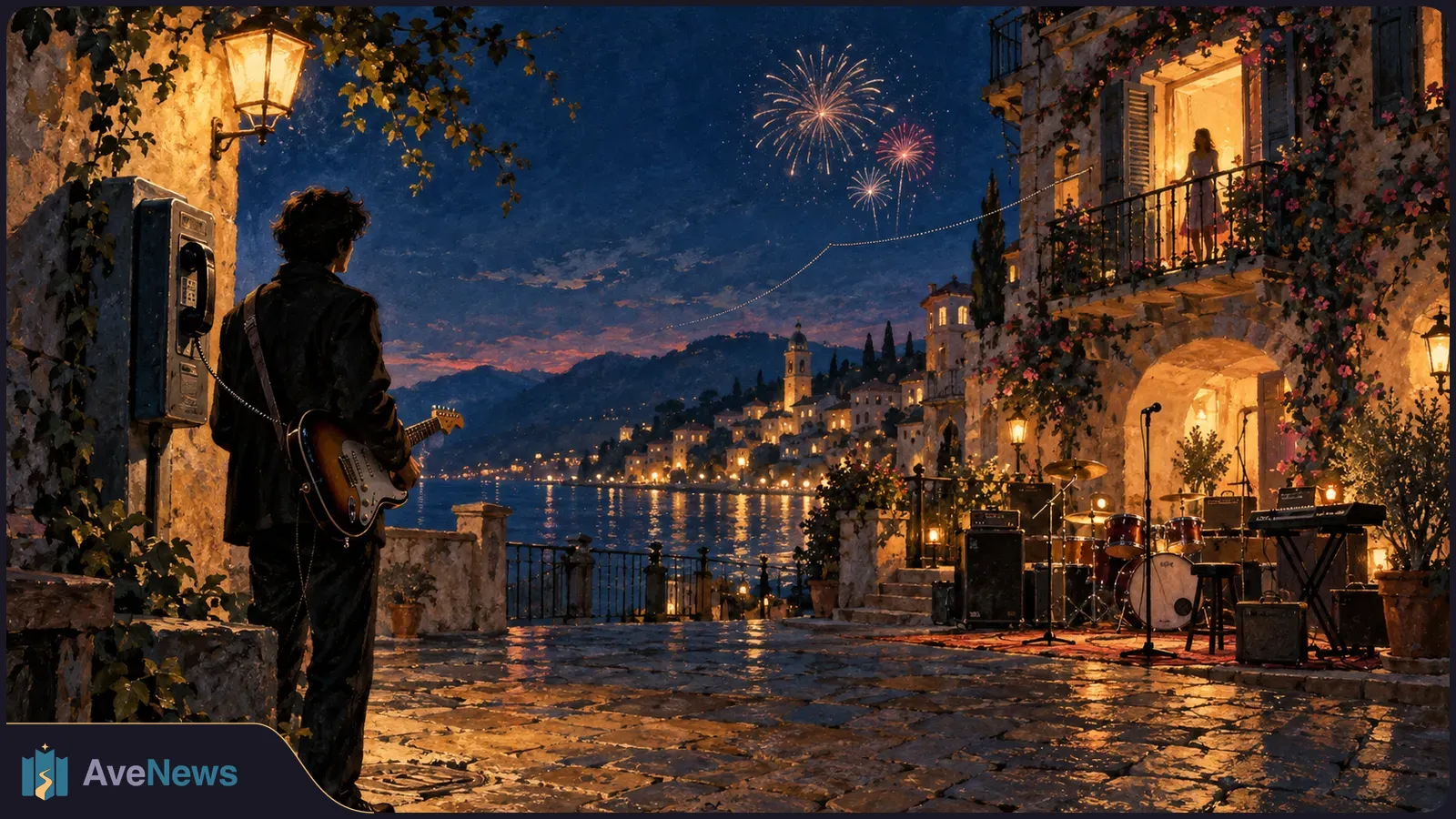 Painterly night scene of a guitarist beside a pay phone, facing a woman on a flower-covered balcony; a band setup, waterfront town and fireworks fill the background. SI illustration