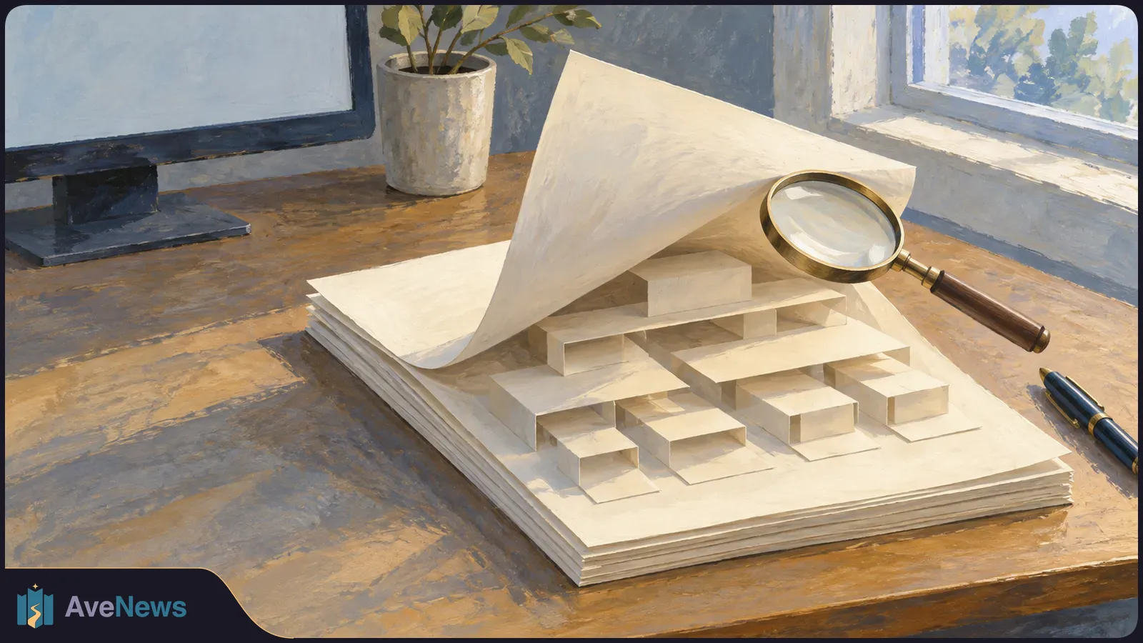Painted illustration of a magnifying glass over layered paper shapes on a desk, with a pen, a blank monitor and a potted plant nearby. SI illustration