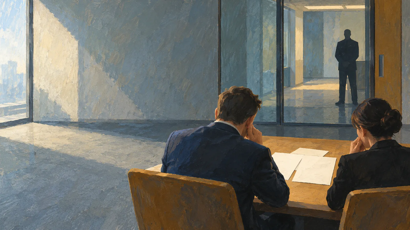 Painterly illustration of two people seated at a table with papers, while a silhouetted figure stands beyond a glass wall in a sunlit office. SI illustration