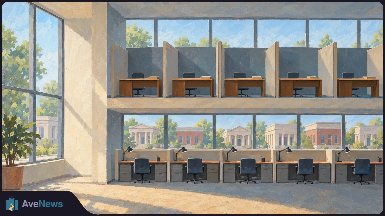 A painted, sunlit office has two rows of five empty desks and chairs, with partitioned workstations above and buildings and trees visible through broad windows. SI illustration