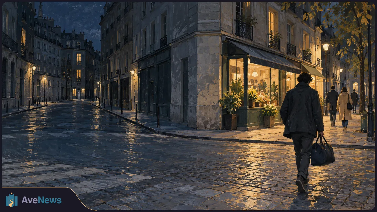 Painterly night street scene with wet cobblestones, a warmly lit corner shop, and several people walking away beneath streetlamps. SI illustration