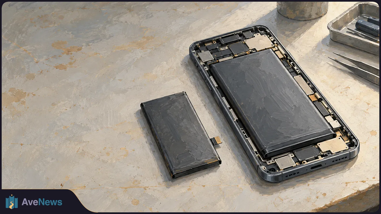Painterly illustration of an opened smartphone showing a large battery, with a loose rectangular battery and tweezers beside it on a workbench. SI illustration