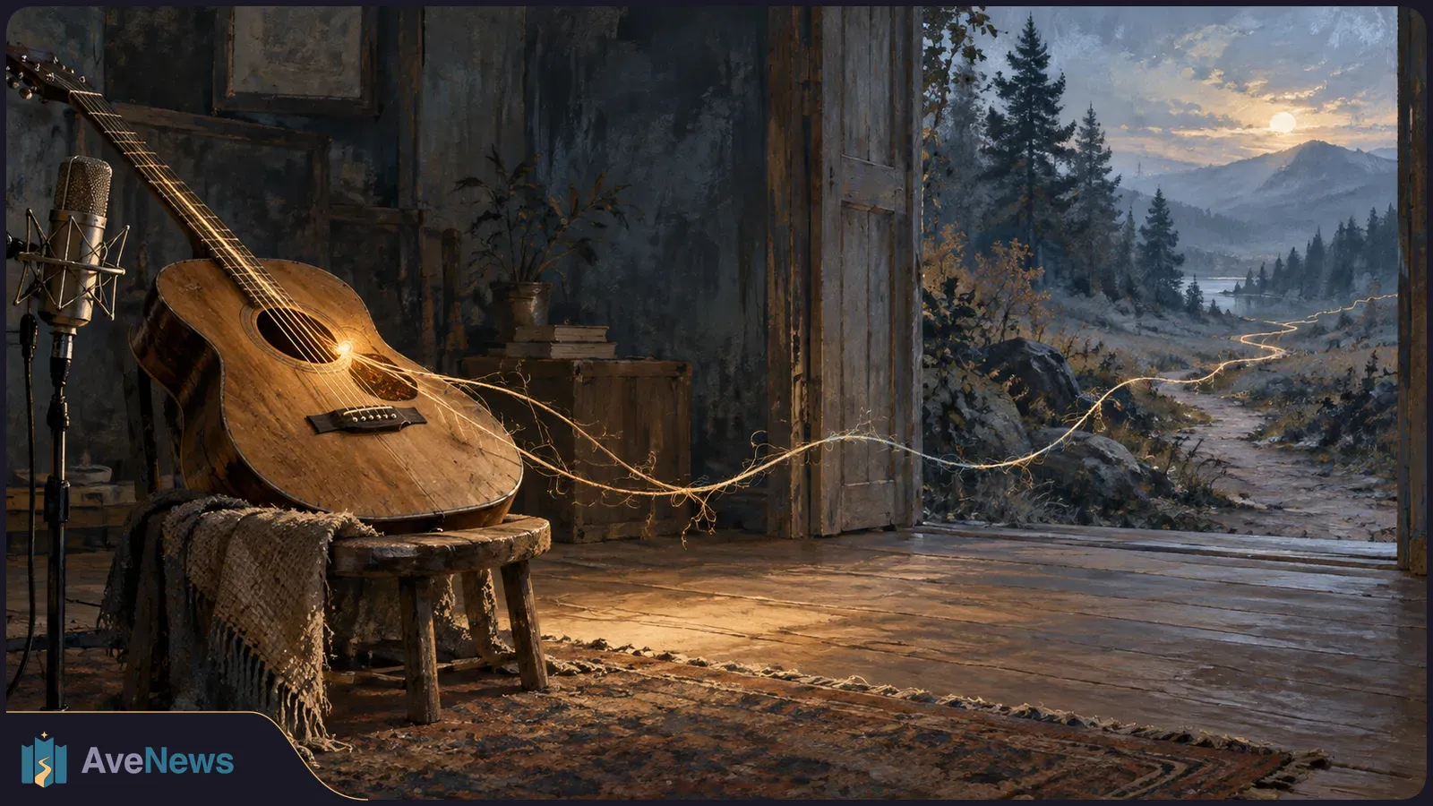 An acoustic guitar rests beside a studio microphone in a rustic room. A glowing thread trails from the strings through an open doorway toward a mountain path at sunset. SI illustration