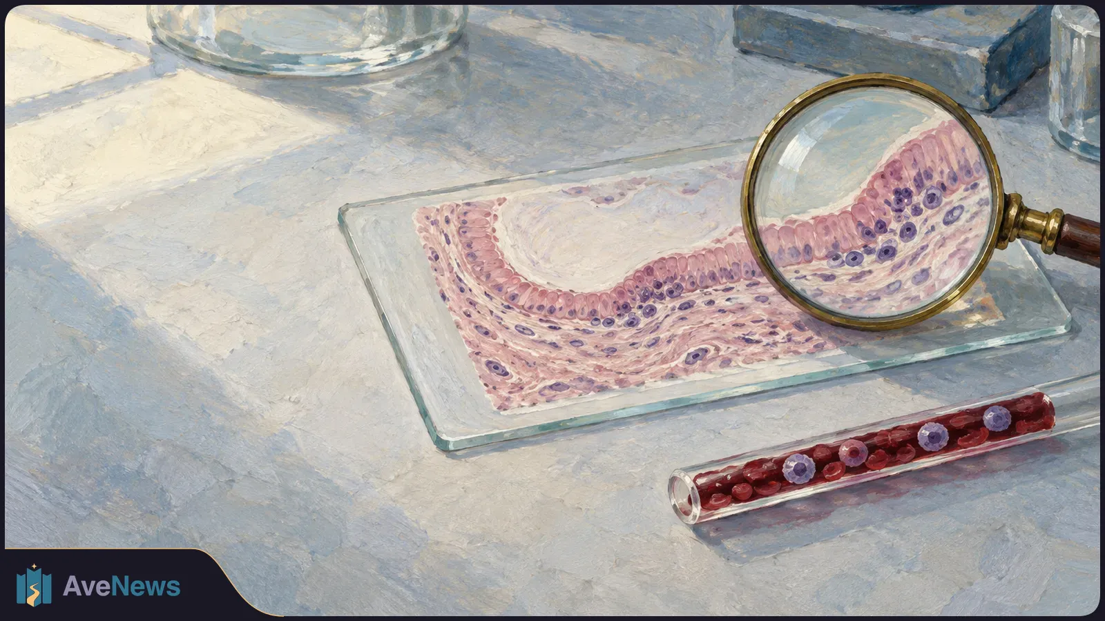 A painted laboratory scene shows a magnifying glass over a pink tissue section on a glass slide, beside a tube of blood with purple cells. SI illustration
