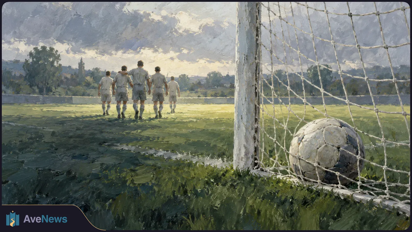 Painterly view of a soccer ball resting in a goal net as five players walk away across a grassy field beneath a cloudy sky. SI illustration