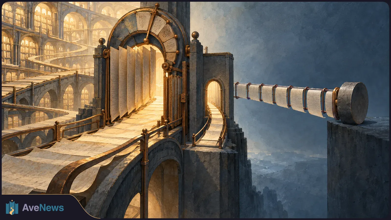 In a vast stone library, winding paths made of paper lead through a circular gate; a strip of pages stretches toward a cylinder above a misty chasm. SI illustration