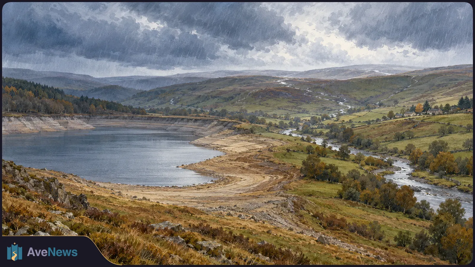 Painted landscape of a low reservoir with wide exposed banks beside a winding river, beneath dark rain clouds over green hills. SI illustration