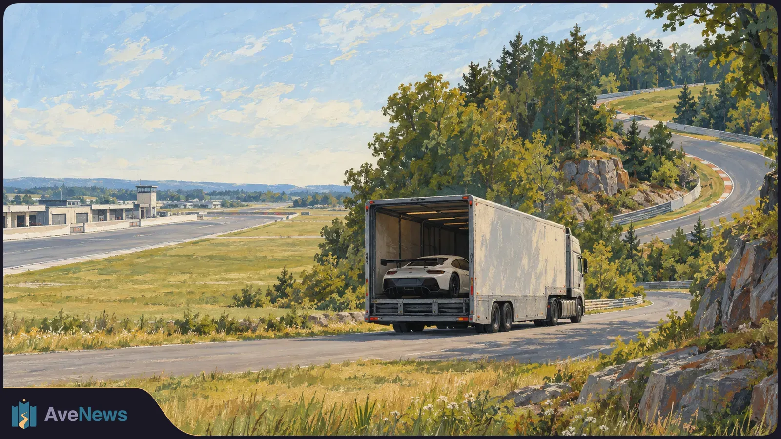 Painterly view of a white race car inside an open-backed transporter beside a winding racetrack, with guardrails, trees and pit buildings under a blue sky. SI illustration