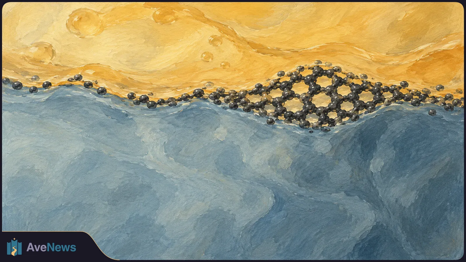 Painted cross-section of golden and blue liquid layers, with bubbles above and a dark bead-like lattice forming along their wavy boundary. SI illustration