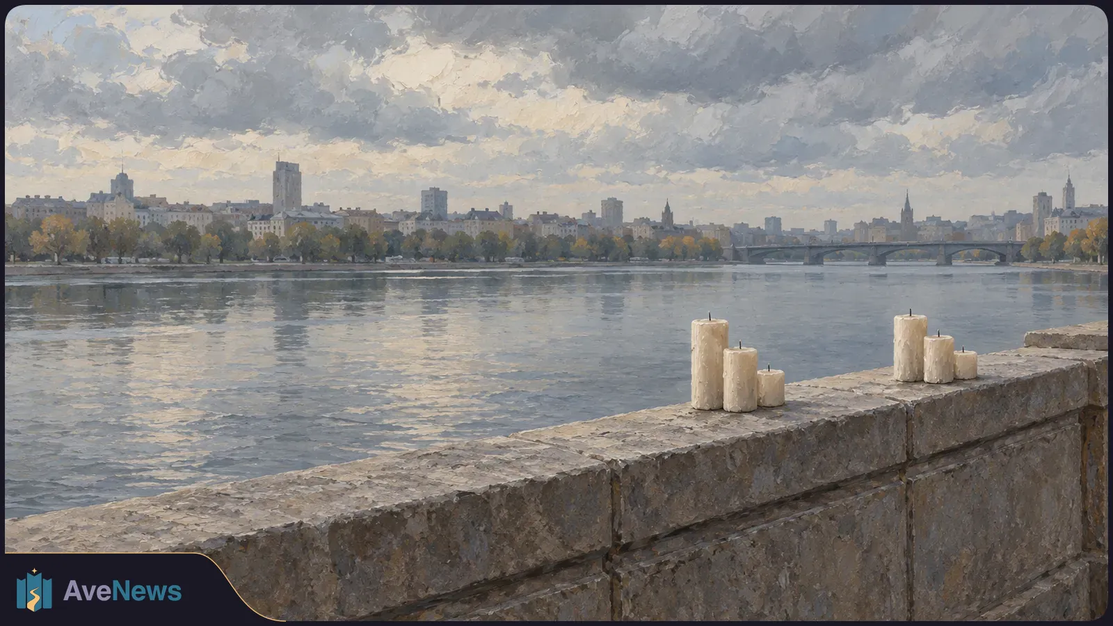 Painterly view of a river and distant city beneath heavy clouds, with a bridge and six unlit candles on a stone riverside wall. SI illustration