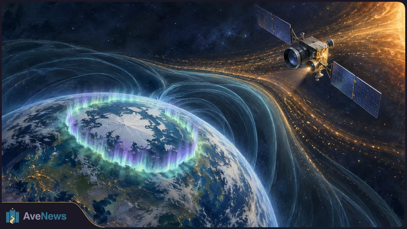 Illustration of a spacecraft above Earth, with a glowing auroral ring around the northern polar region and sweeping blue and gold lines across space. SI illustration