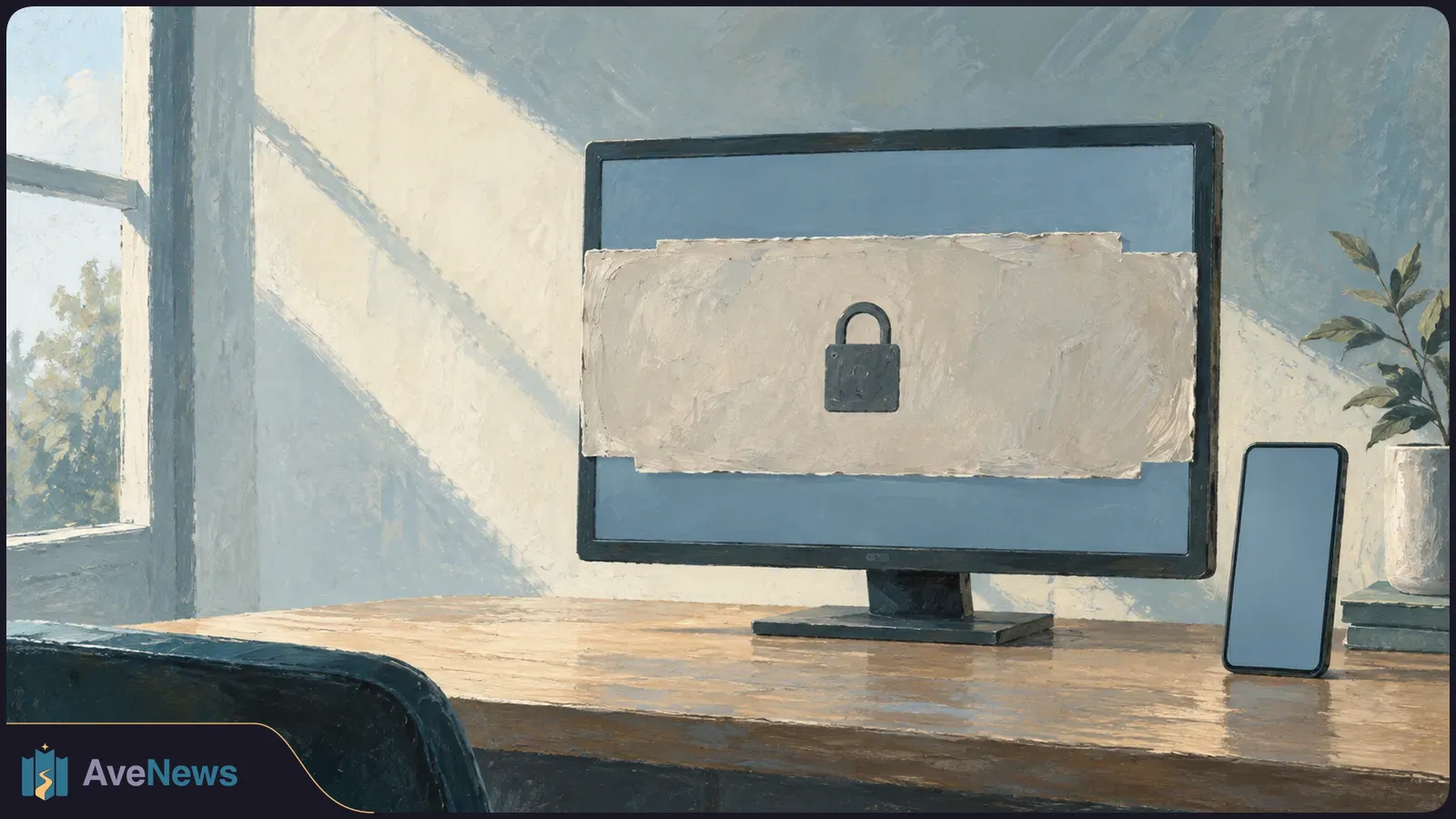 Painted desk scene with a monitor showing a padlock on a pale band, a blank phone beside it, and a plant by the window. SI illustration