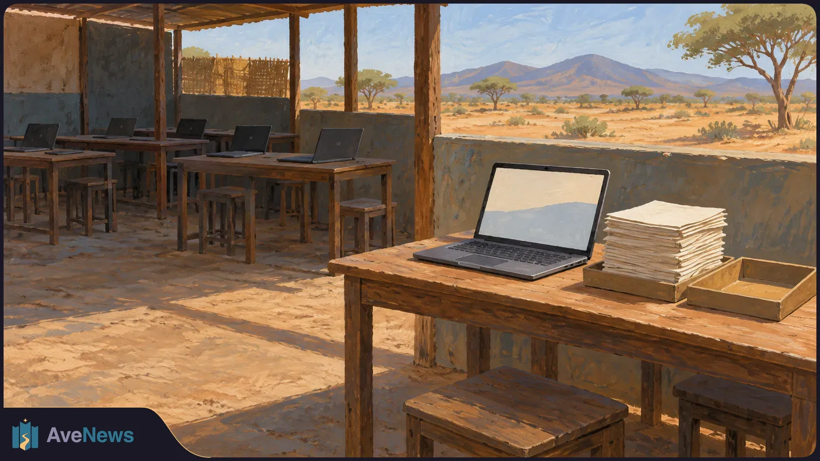 A painted open-air workspace with laptops on wooden tables and a stack of blank papers, overlooking a dry plain dotted with trees and distant mountains. SI illustration