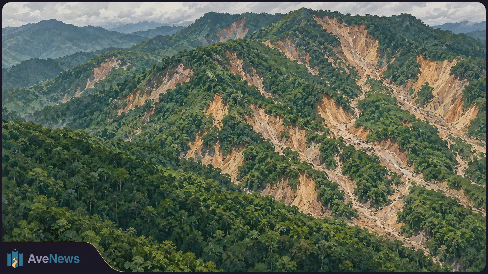 Illustration of forested mountains with broad tan landslide scars cutting through the green slopes beneath a cloudy sky. SI illustration