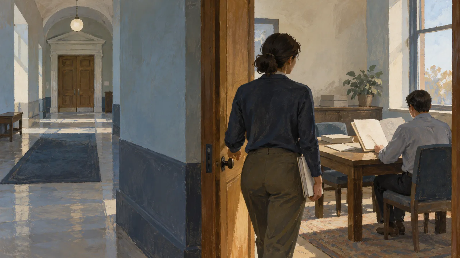 A painted scene of a woman carrying papers through a doorway while another person reads at a table beside a sunlit window; a long hallway stretches to the left. SI illustration