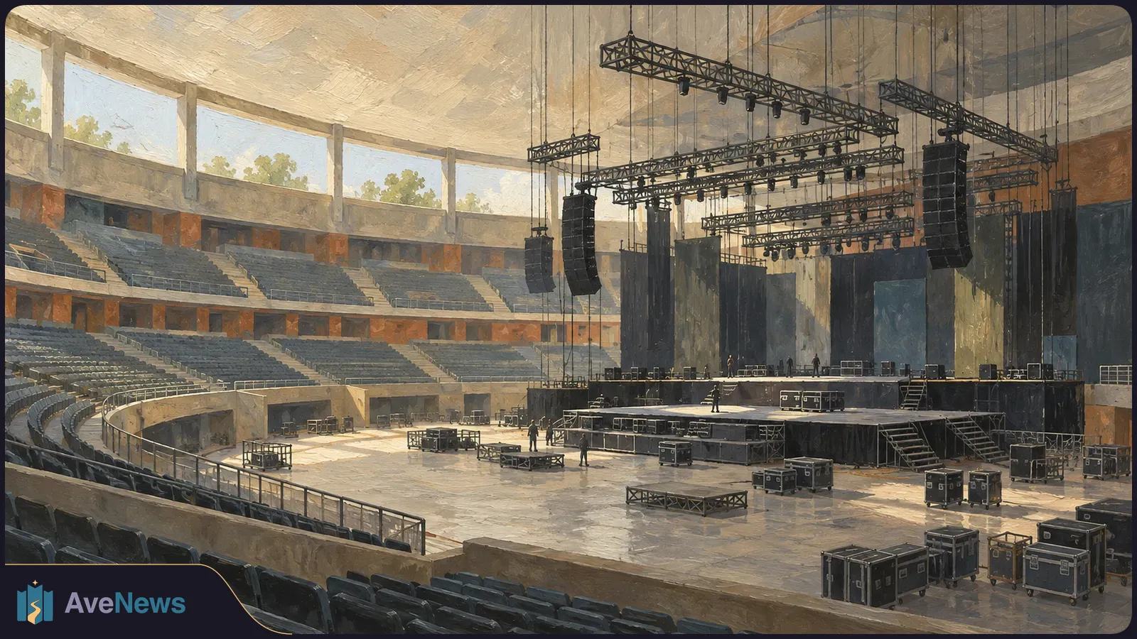 Painted view of a large indoor concert arena with empty tiered seats, a stage, hanging lights and speakers, equipment cases, and a few small crew figures. SI illustration