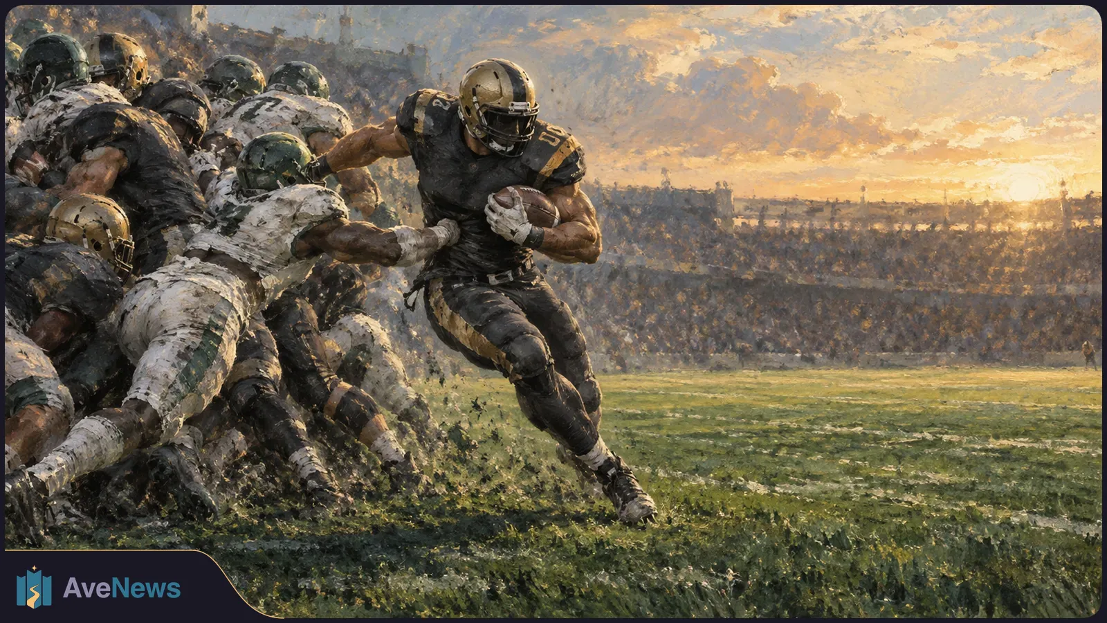 Painterly illustration of a football player in black and gold carrying the ball past several defenders in white and green, with a crowded stadium behind him. SI illustration