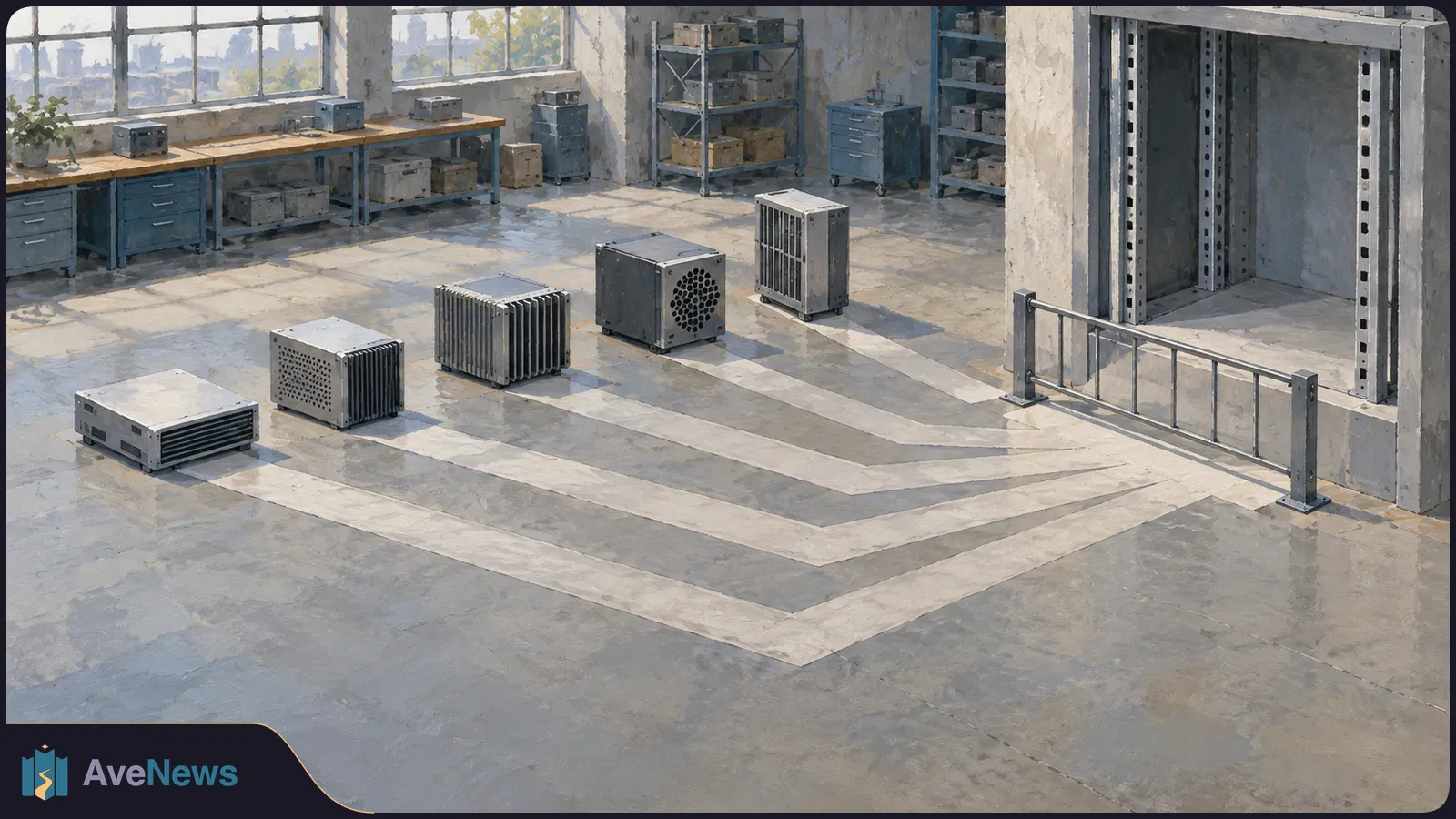 A painted industrial room with five vented metal units spaced along pale floor markings beside an empty equipment rack. Benches and shelves line the back wall. SI illustration