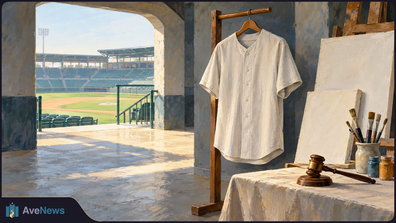 A painted scene shows a blank white baseball jersey beside canvases, paintbrushes and an auction gavel, with a baseball field visible through an archway. SI illustration
