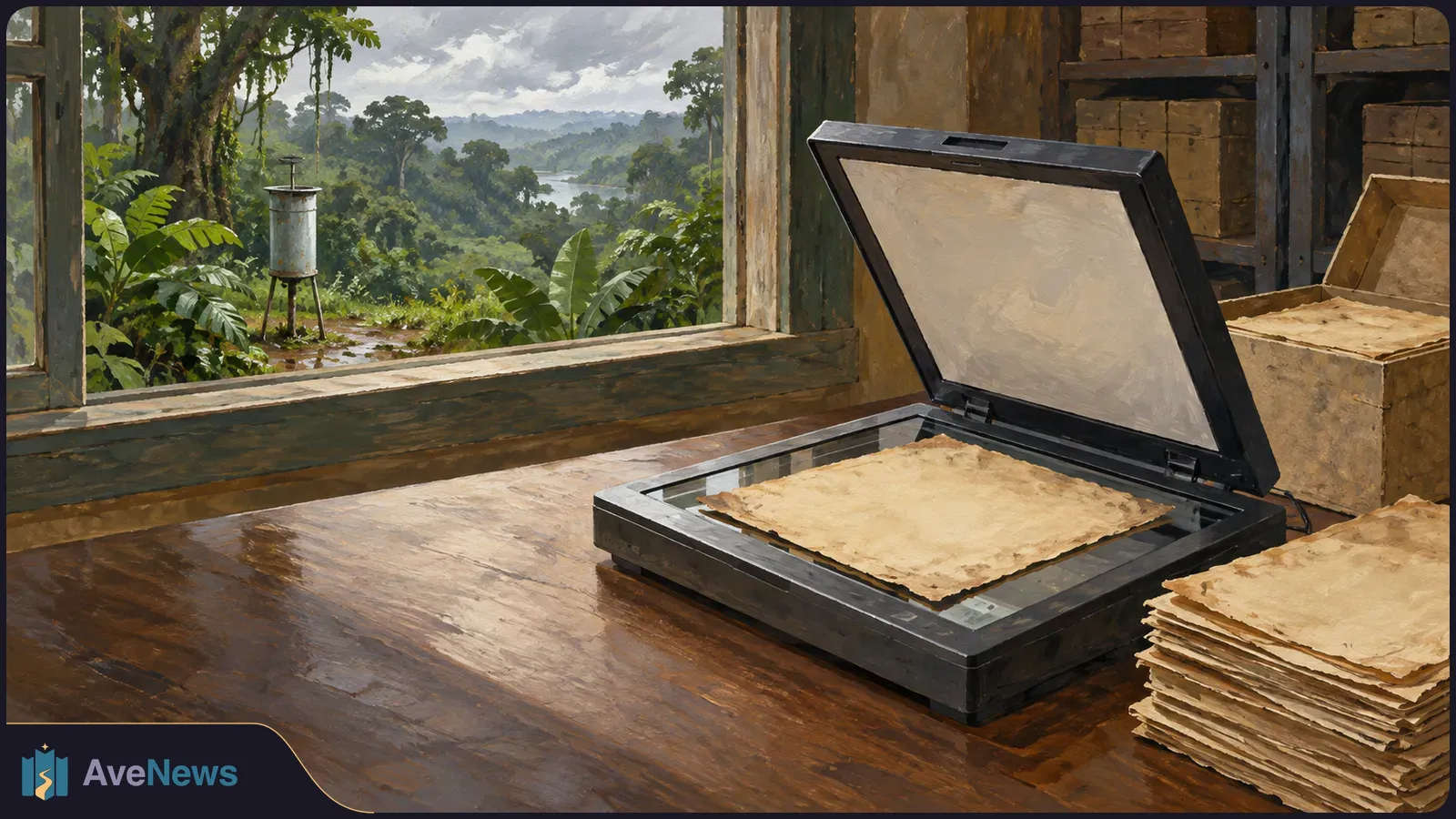 A painterly scene of an open flatbed scanner holding an aged blank sheet, with a stack of papers on a wooden table and a forest visible through the window. SI illustration