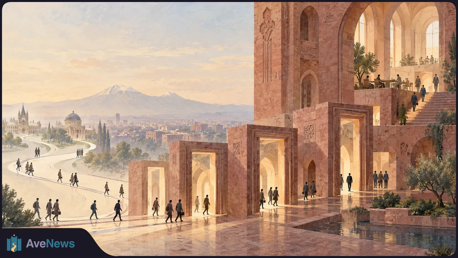 Painterly cityscape with people walking among sunlit stone arches; a domed building and snowcapped mountain appear in the distance. SI illustration