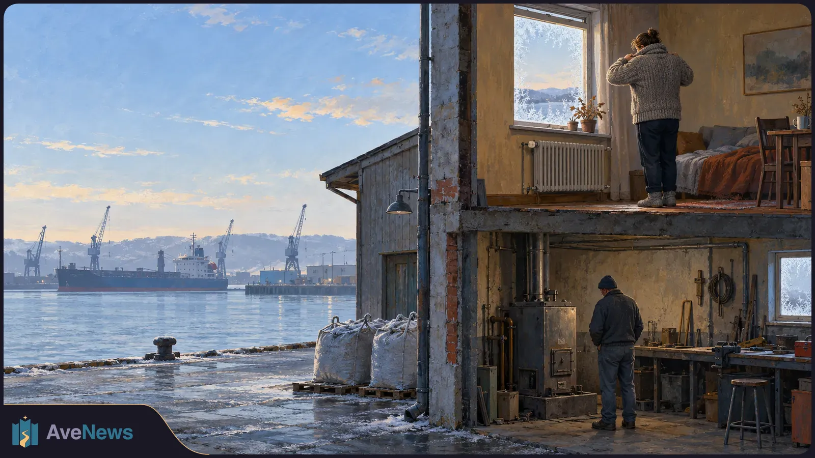 An illustrated cutaway of a building beside an icy harbor: a person stands by a window upstairs, another in a workshop below, with a ship and cranes across the water. SI illustration