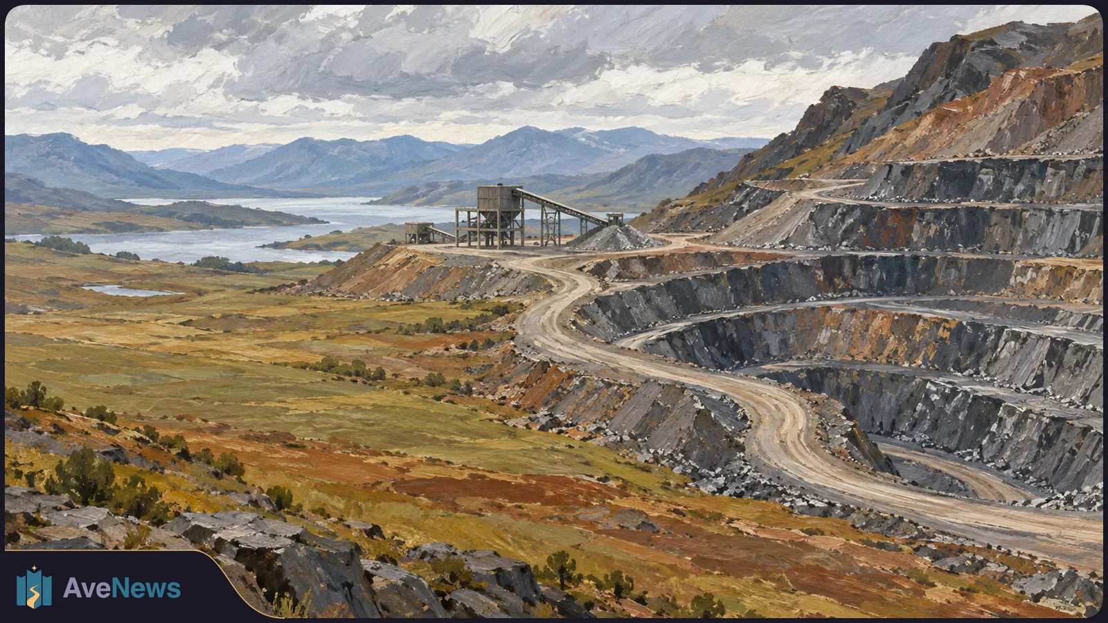 Painted landscape of a terraced open-pit mine with a winding haul road and small processing structures, beside a lake and mountains under cloudy skies. SI illustration