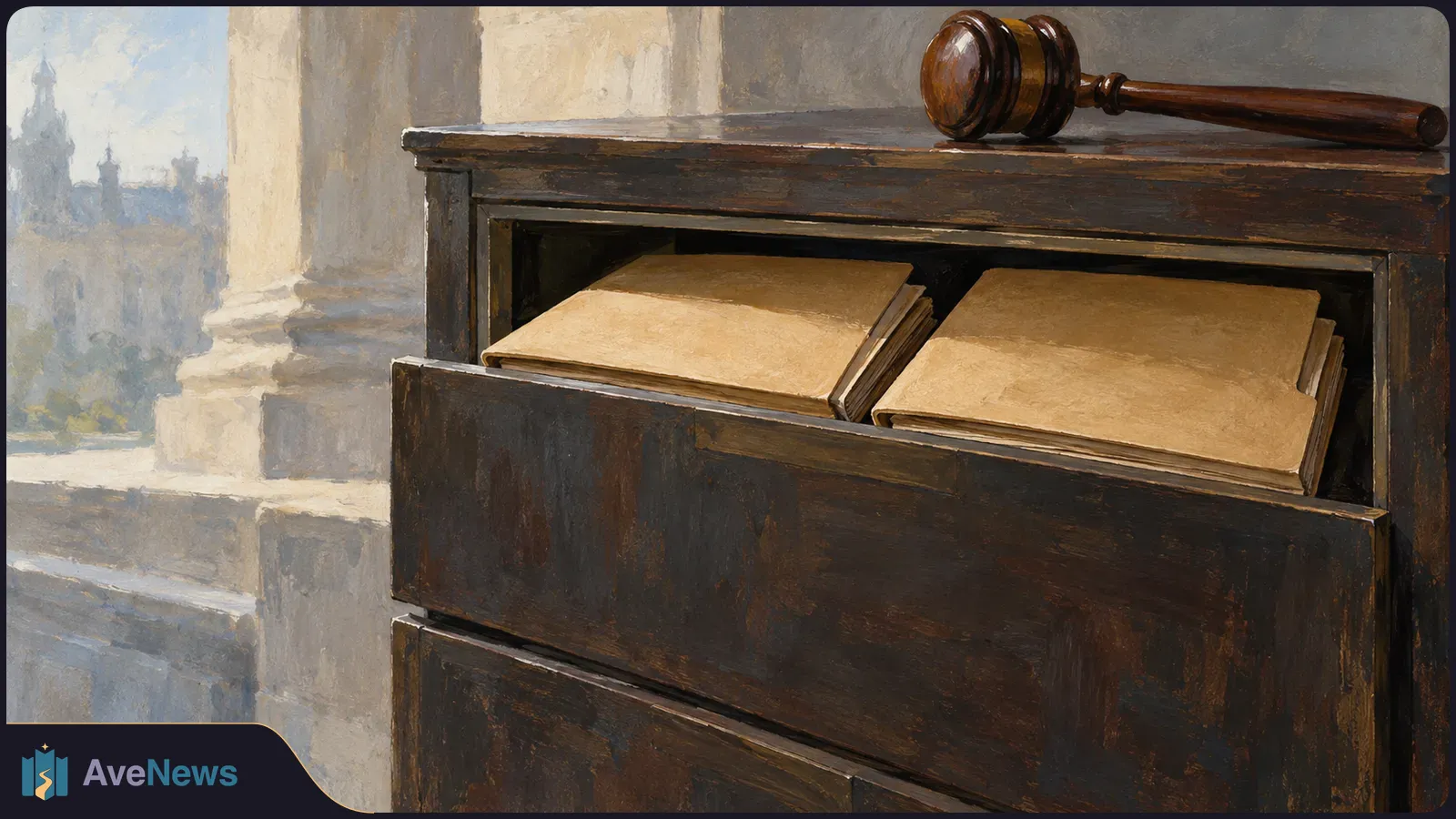 A painted wooden gavel rests on a dark filing cabinet. Its open drawer holds two stacks of tan folders, with stone columns and a distant building at left. SI illustration