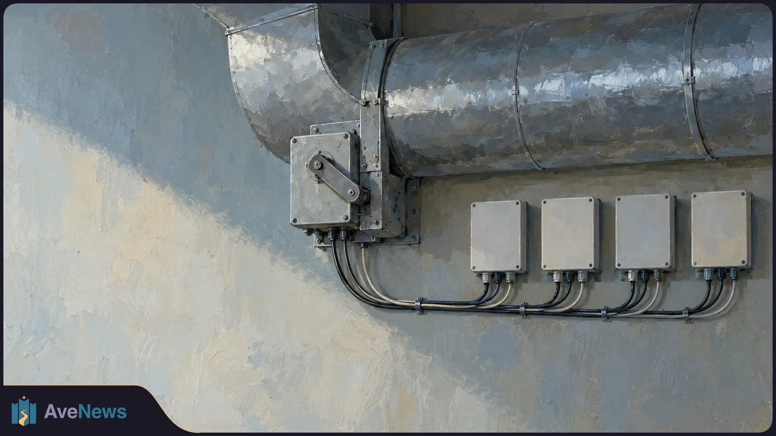 Painted view of a metal ventilation duct and four gray control boxes wired along a wall. SI illustration