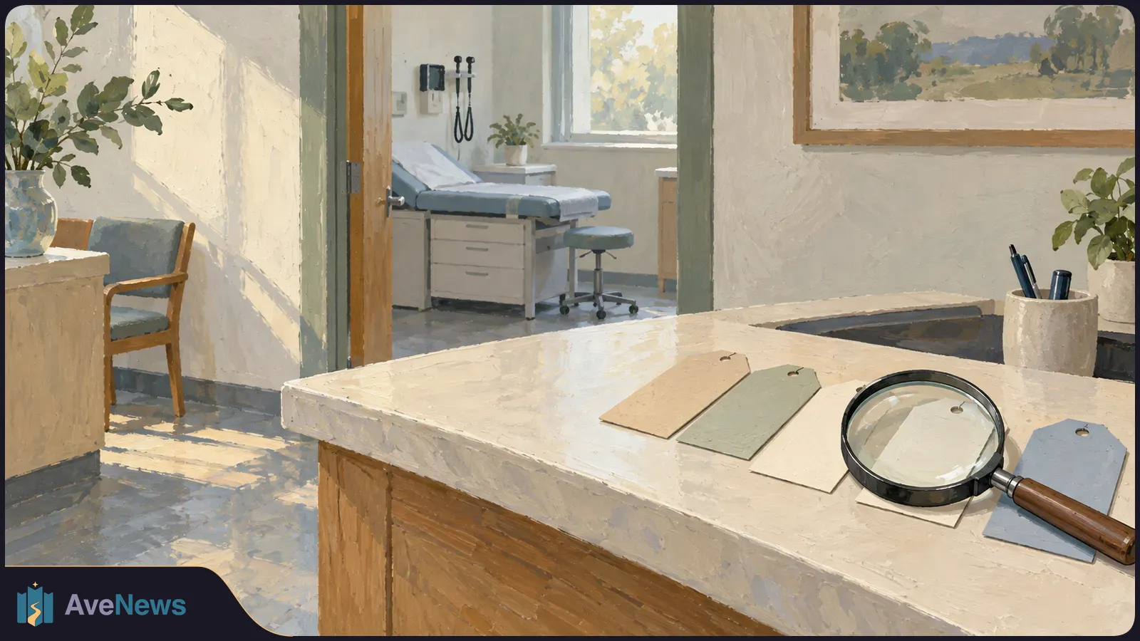 Painterly clinic reception area with an exam room beyond; a magnifying glass rests over blank tags on the counter. SI illustration