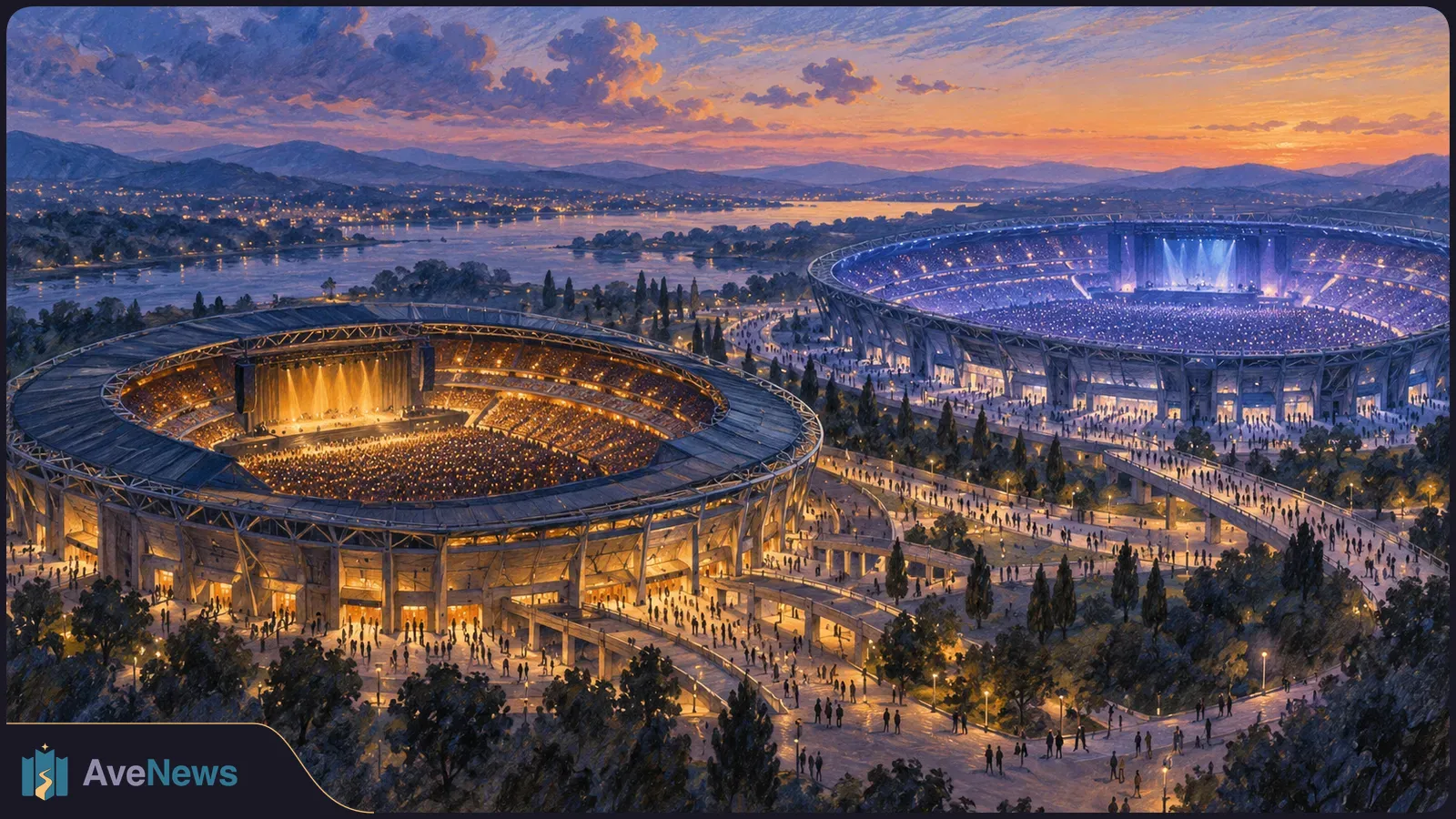 Painted aerial view of two packed, brightly lit concert stadiums beside a lake at sunset, with crowds streaming along paths between them. SI illustration