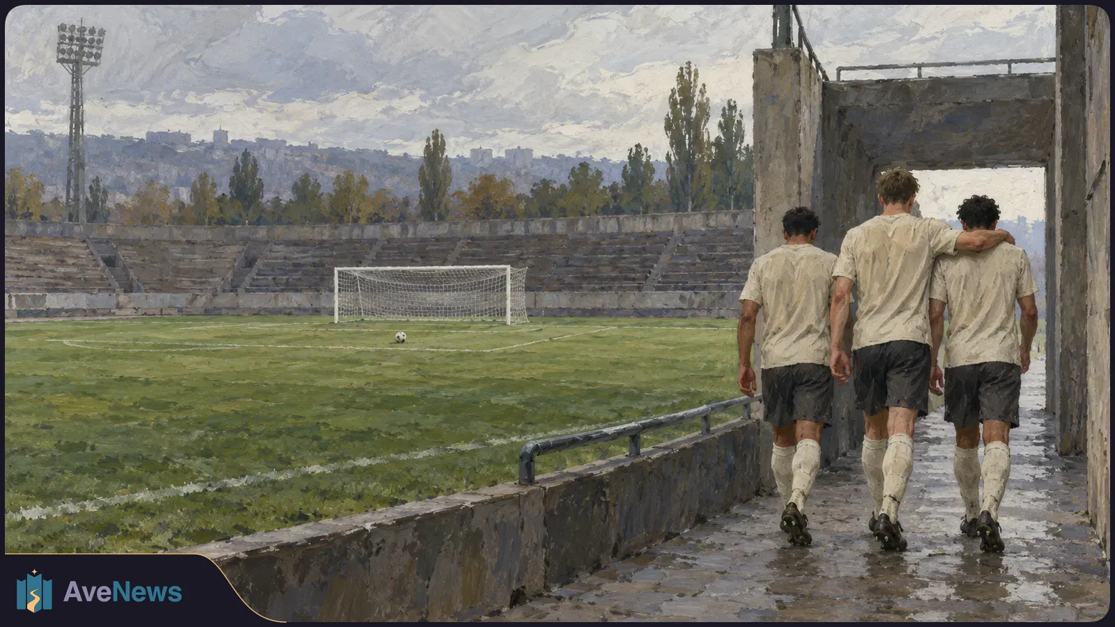 Illustration of three football players walking arm in arm beside an empty pitch, with a goal, stands and a floodlight under a cloudy sky. SI illustration