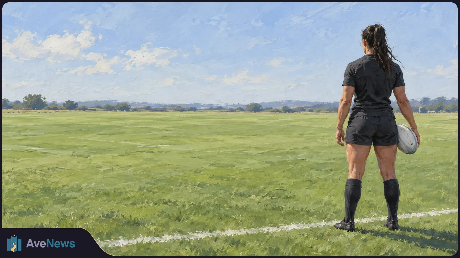 Painterly illustration of a woman seen from behind holding a rugby ball beside a white line on a grassy field, with distant trees beneath a cloudy blue sky. SI illustration
