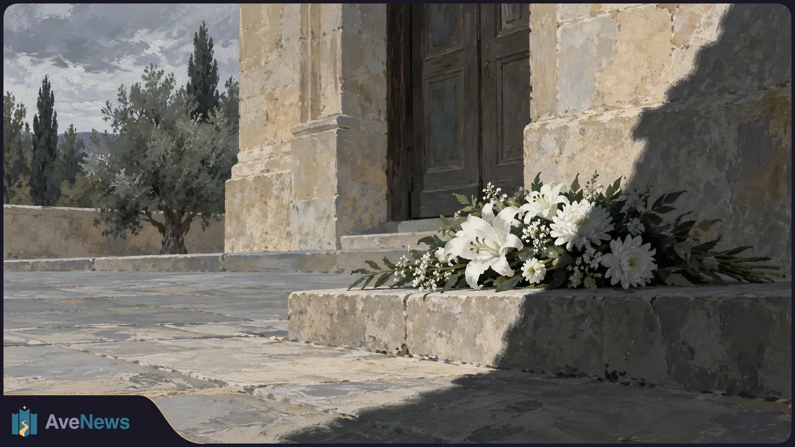 A painted scene of white flowers on a stone step beside dark wooden doors, with trees and a cloudy sky beyond. SI illustration