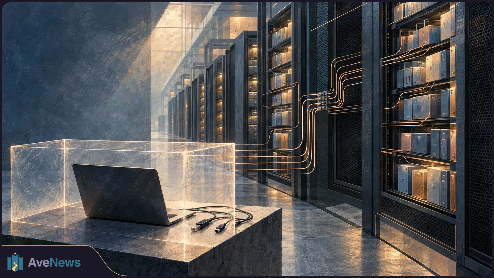 A laptop sits inside a glowing transparent box on a stone table, with loose cables beside it and rows of server racks connected by illuminated wires. SI illustration