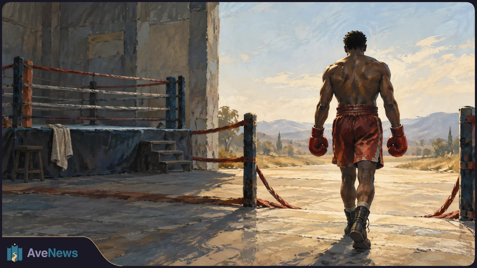 Painted scene of a boxer seen from behind, wearing red gloves and shorts, walking away from a boxing ring toward a sunlit landscape. SI illustration