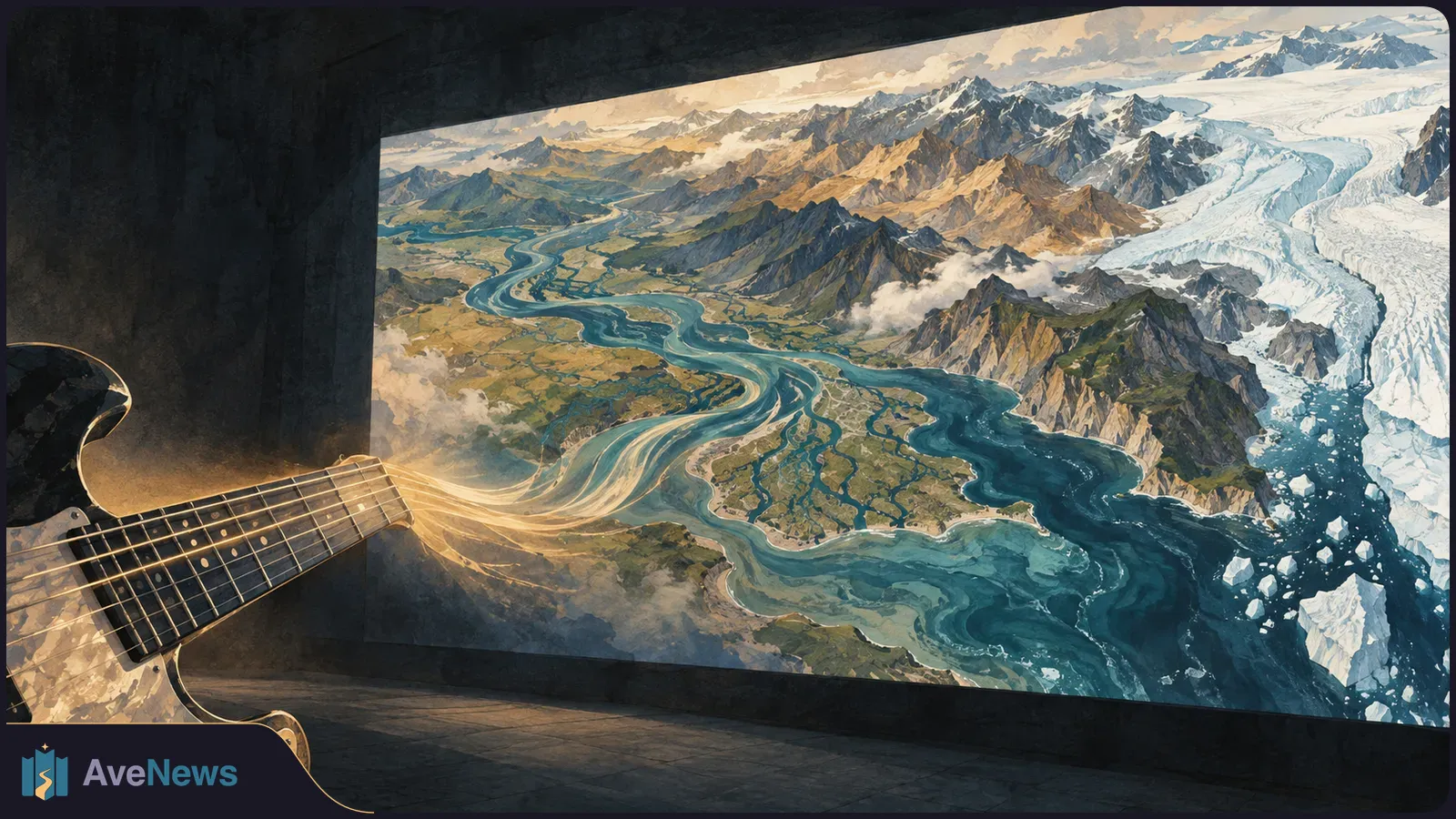 An electric guitar fills the foreground beside a large screen showing an illustrated landscape of winding rivers, rugged mountains and glaciers. SI illustration