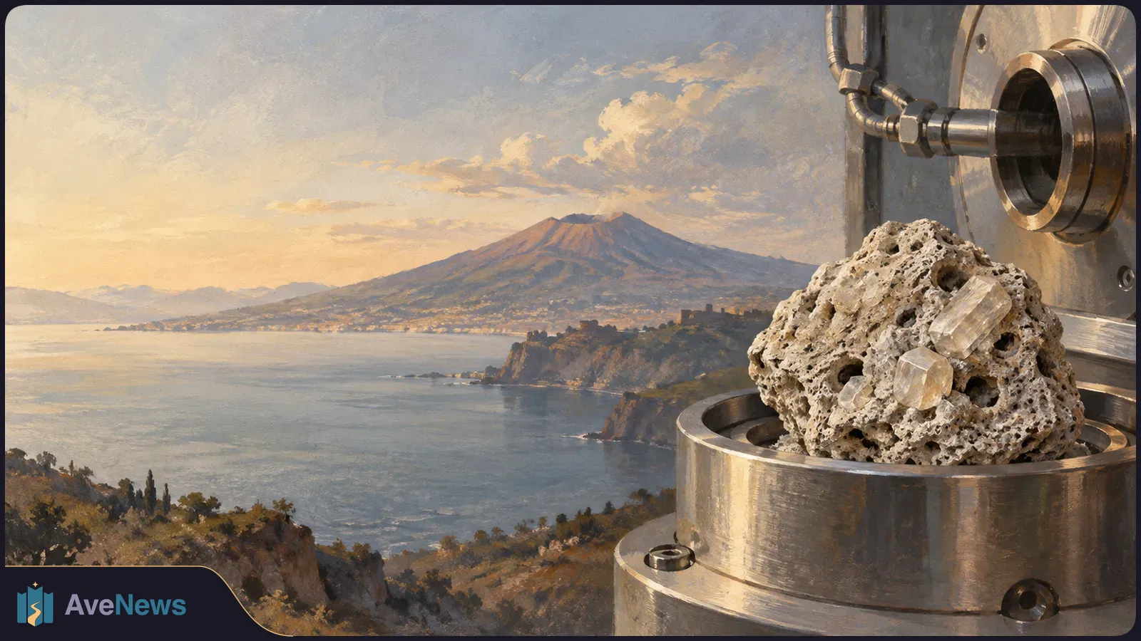 Painted coastal volcano behind a porous rock with visible crystals resting in a metal instrument. SI illustration