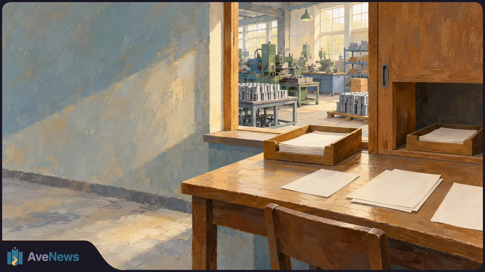 Painted scene of a wooden desk with blank papers beside a window into a workshop filled with machinery and stacked metal parts. SI illustration