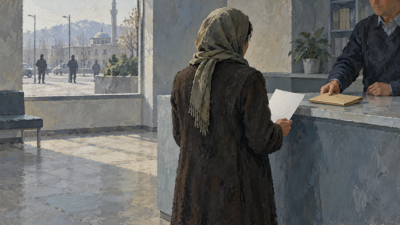 Painting of a woman in a headscarf holding a sheet of paper at a counter, facing a man with a folder. Uniformed figures and a domed building are visible through the window. SI illustration