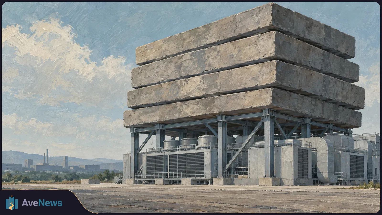 Painterly illustration of large industrial cooling units beneath a metal frame supporting a stack of massive concrete slabs, with distant factory buildings under a cloudy sky. SI illustration