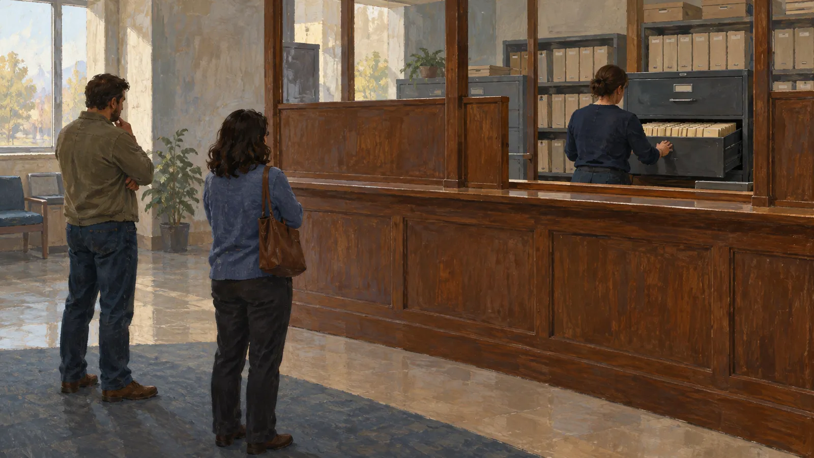 Illustration of two people standing at a wooden counter while a clerk opens a file drawer behind it, surrounded by shelves of folders. SI illustration
