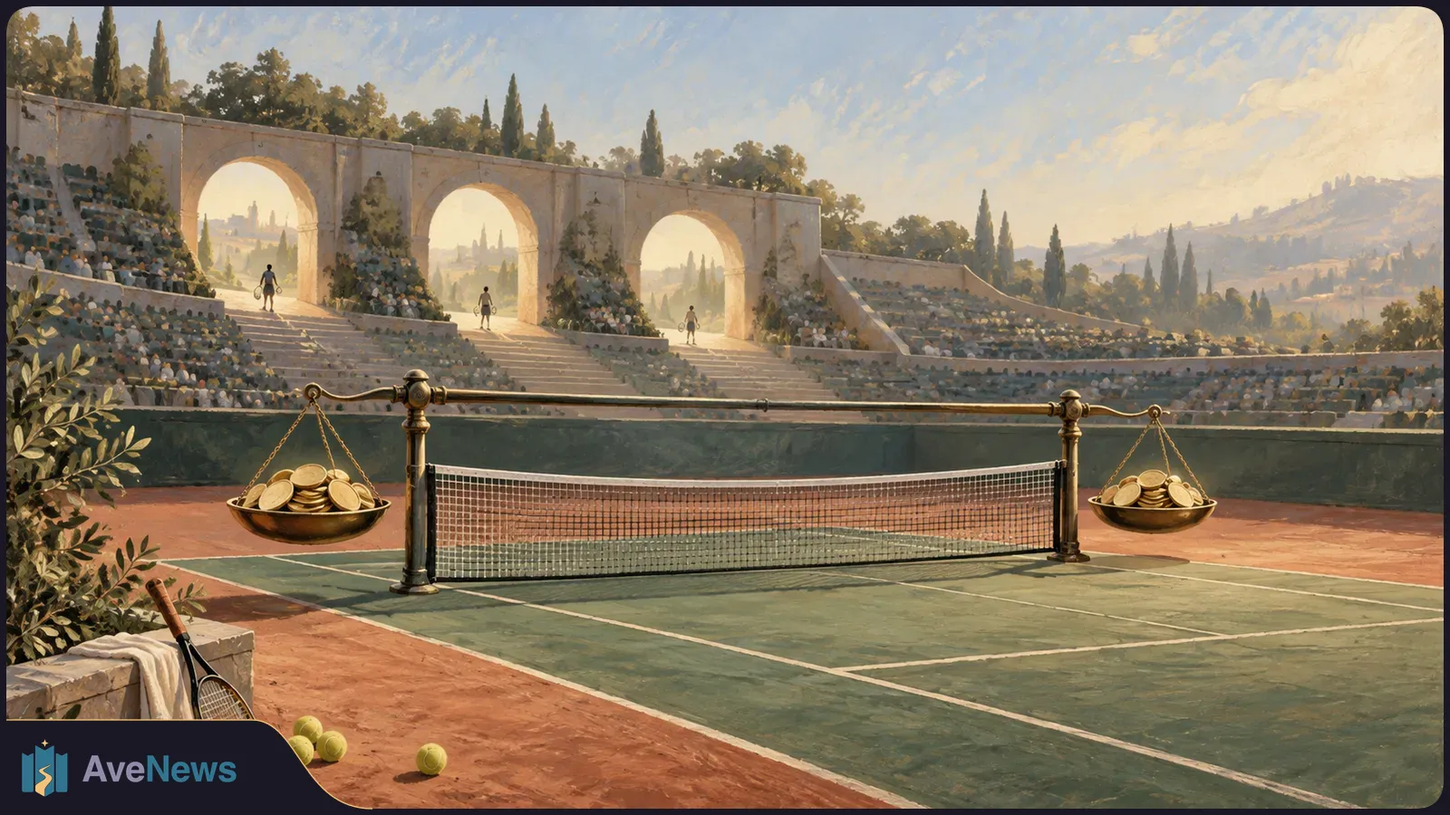 Painted tennis court with a net beneath a balance scale holding coins in both pans. A racket and balls sit in the foreground, with spectators and stone arches behind. SI illustration