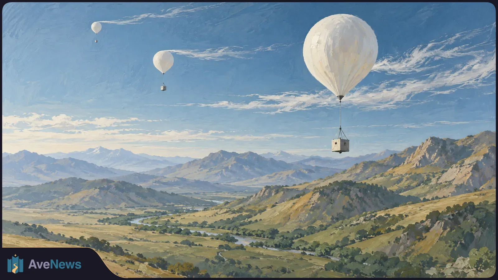 Three white balloons carrying small instrument boxes float above a broad mountain valley under a blue sky. SI illustration