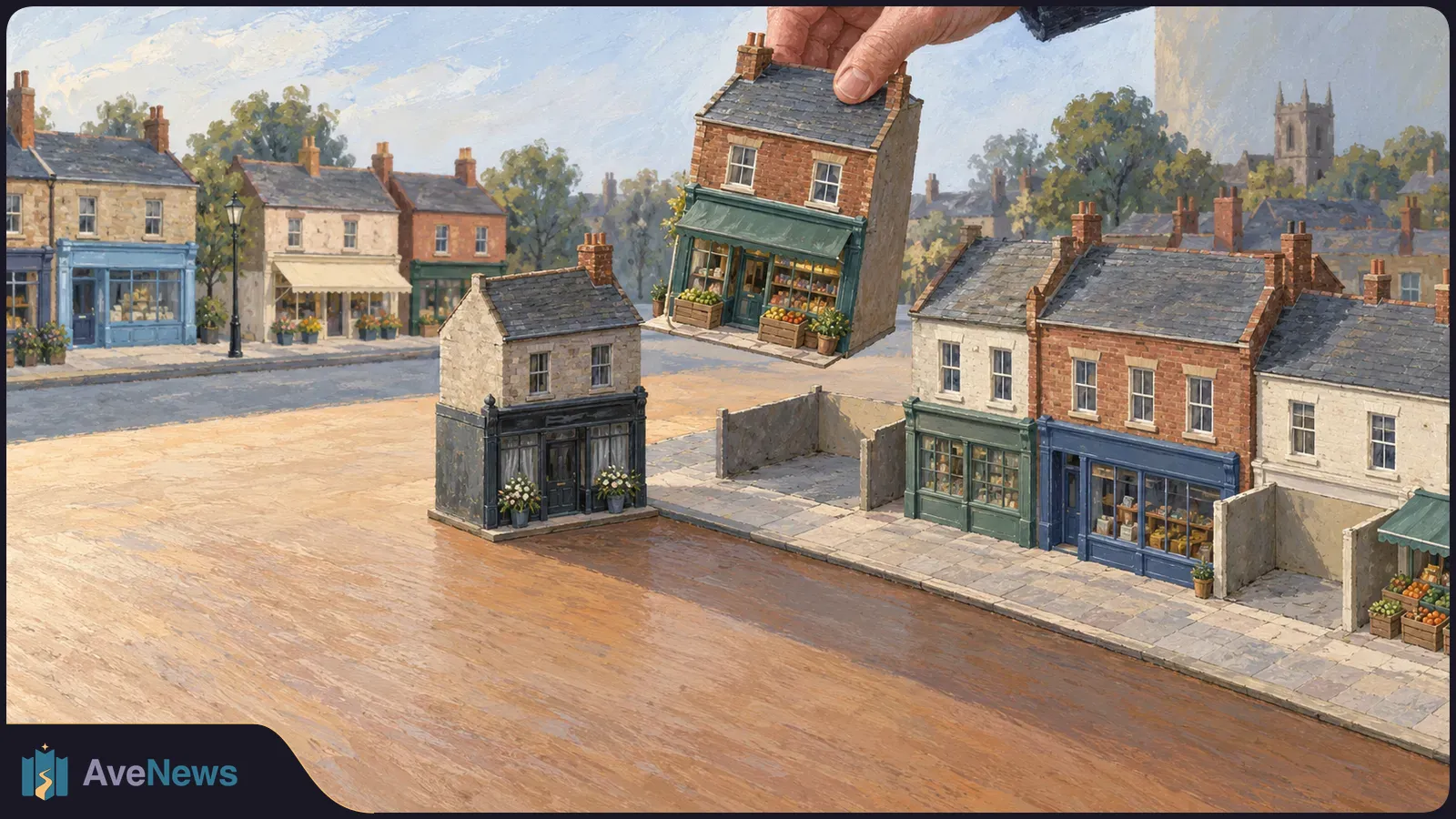 Painted scene of a hand lifting a miniature grocery shop from a high street, leaving a gap beside other shops. SI illustration