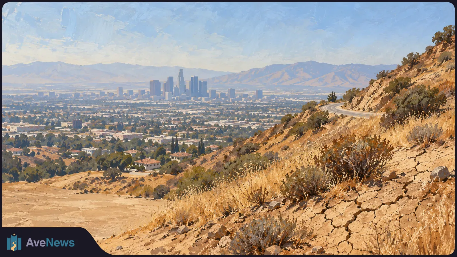 A painted view of cracked earth, dry shrubs and a winding hillside road overlooking downtown Los Angeles and distant mountains. SI illustration